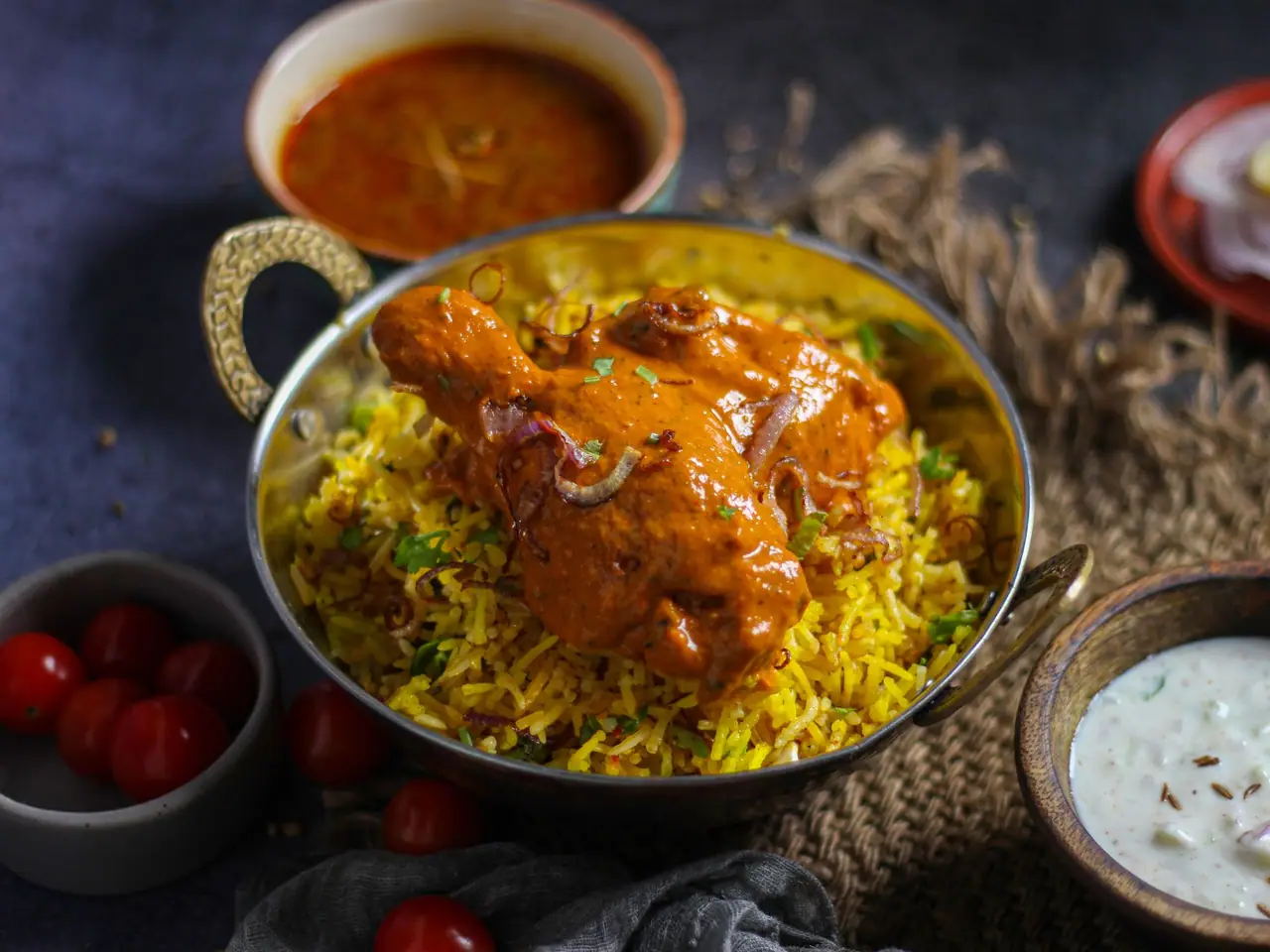Chicken biryani with curry and raita